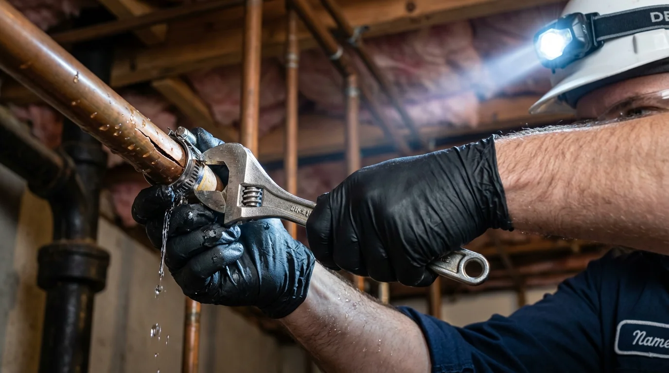 Emergency pipe clamp repair being performed by a Johns Plumbing LLC plumber in Monticello